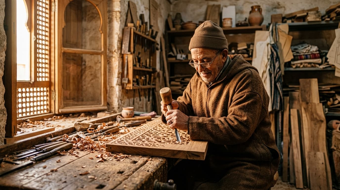 Artisan d'art Frachdark façonnant le bois précieux à l'atelier